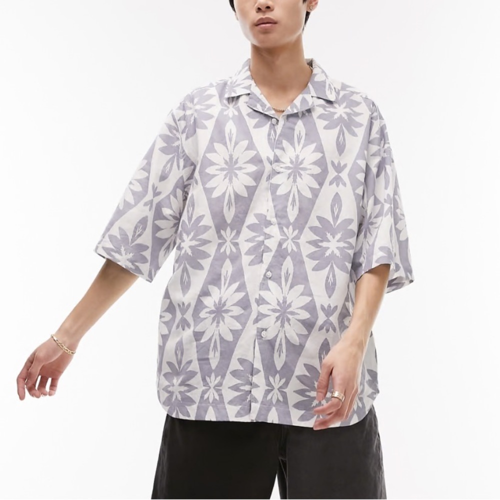 Topman short sleeve relaxed revere floral printed shirt mixed linen Size M
